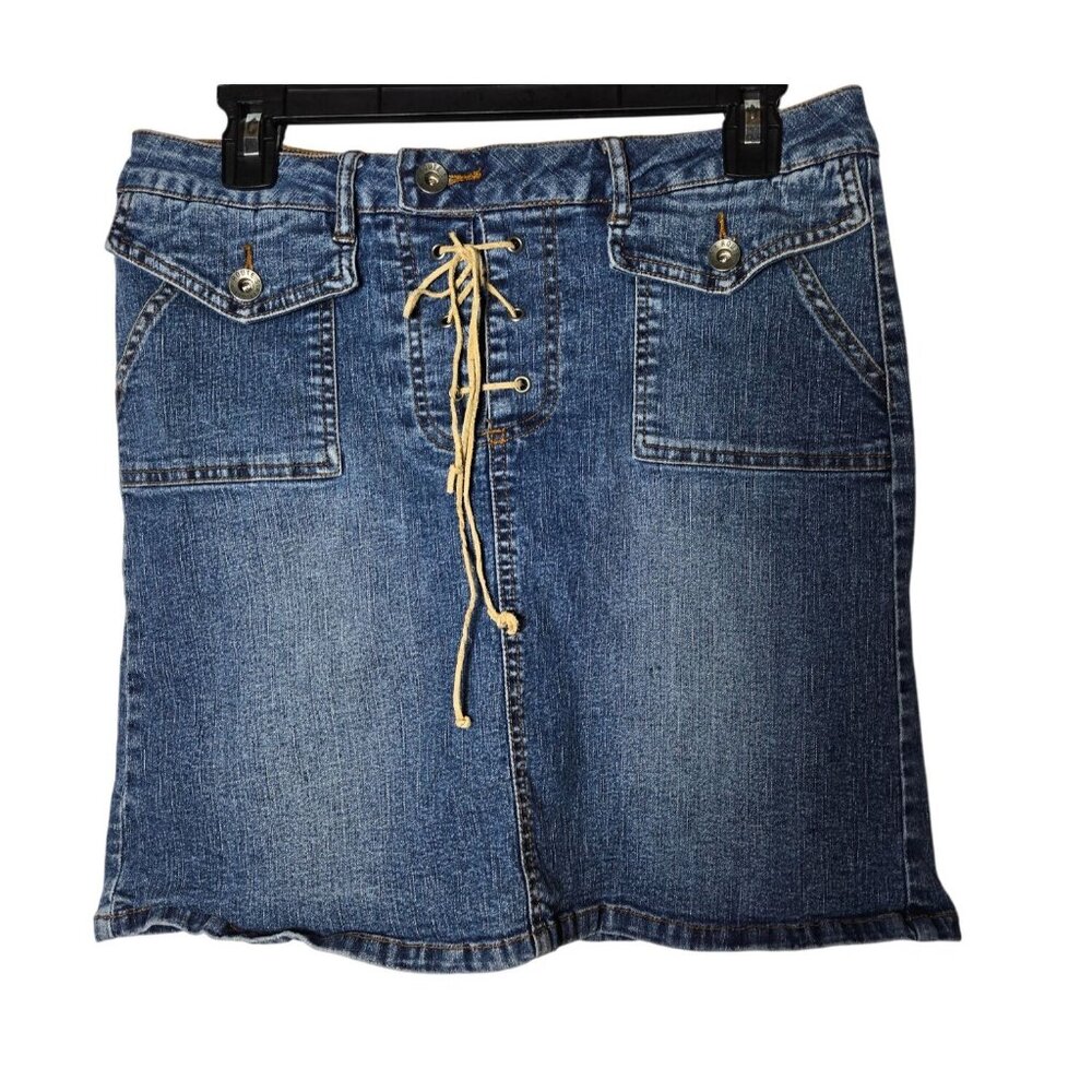 Route 66 Womens Denim Blue Jean Mini Skirt Size 8 Y2K Boho Stretch Lace Up Short